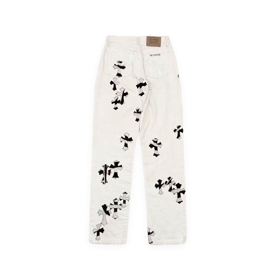 Chrome Hearts 1of1 Zebra Pony Hair Cross Patch White Jeans - SHENGLI ROAD MARKET