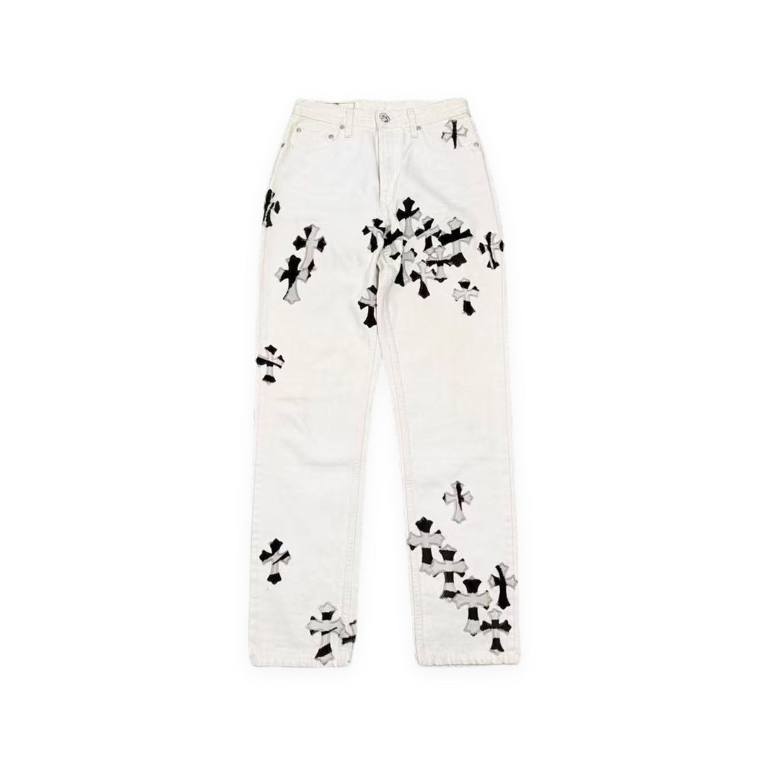 Chrome Hearts 1of1 Zebra Pony Hair Cross Patch White Jeans - SHENGLI ROAD MARKET