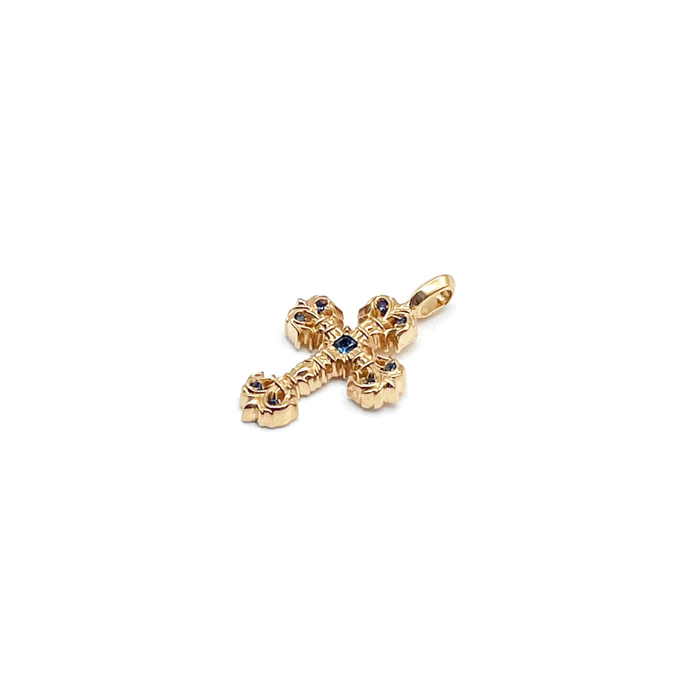 Chrome Hearts 22K Gold Blue Saph Filigree Cross Charm Pendant - SHENGLI ROAD MARKET