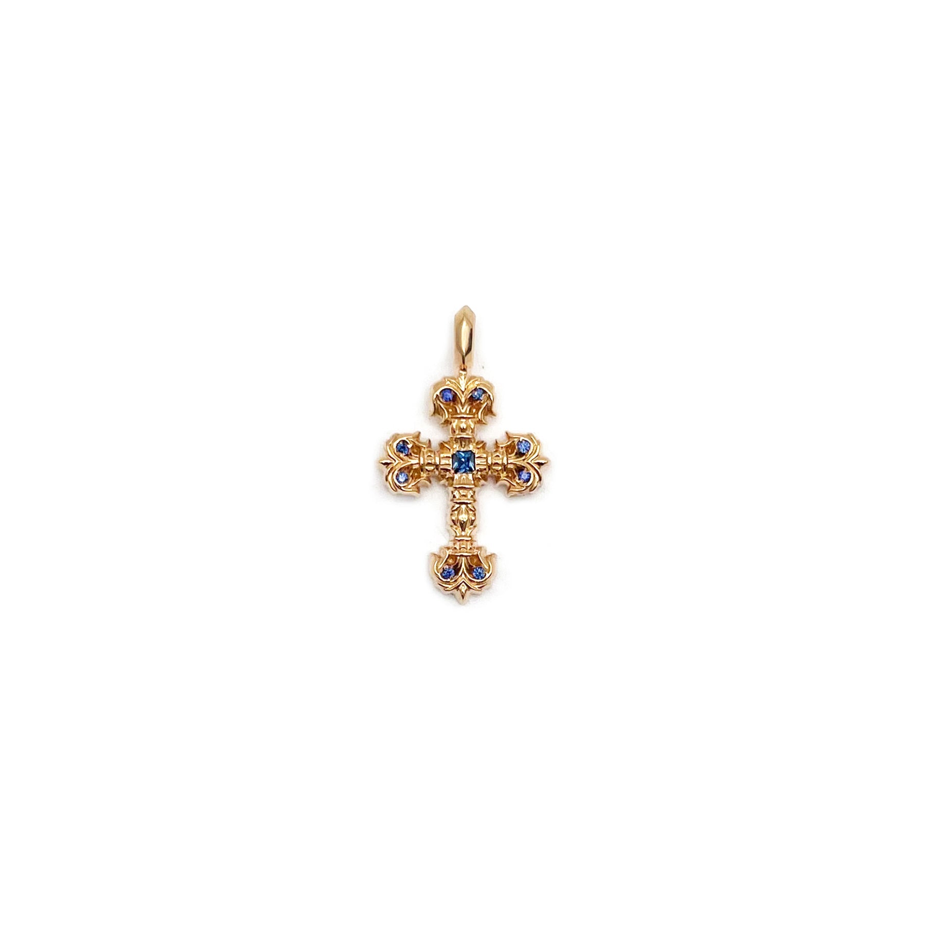 Chrome Hearts 22K Gold Blue Nine-Saph Filigree Cross Charm Pendant