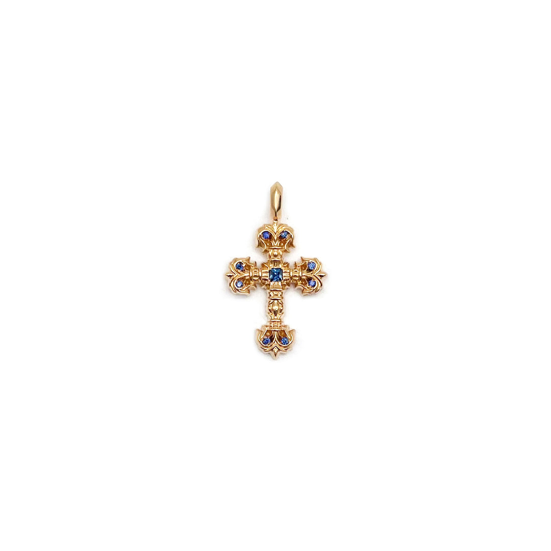 Chrome Hearts 22K Gold Blue Saph Filigree Cross Charm Pendant - SHENGLI ROAD MARKET