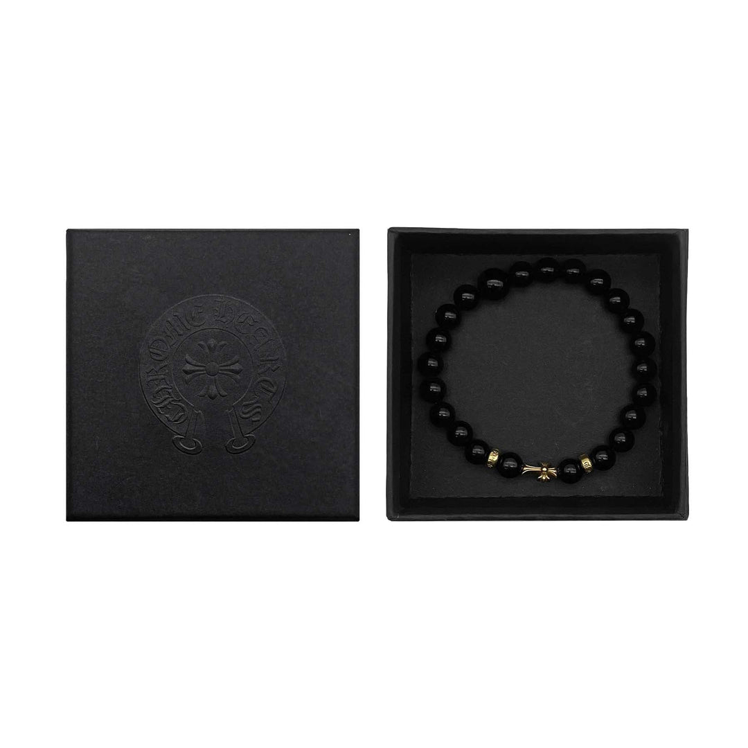 Chrome Hearts 22K Gold Cross Obsidian Beaded Bracelet - SHENGLI ROAD MARKET