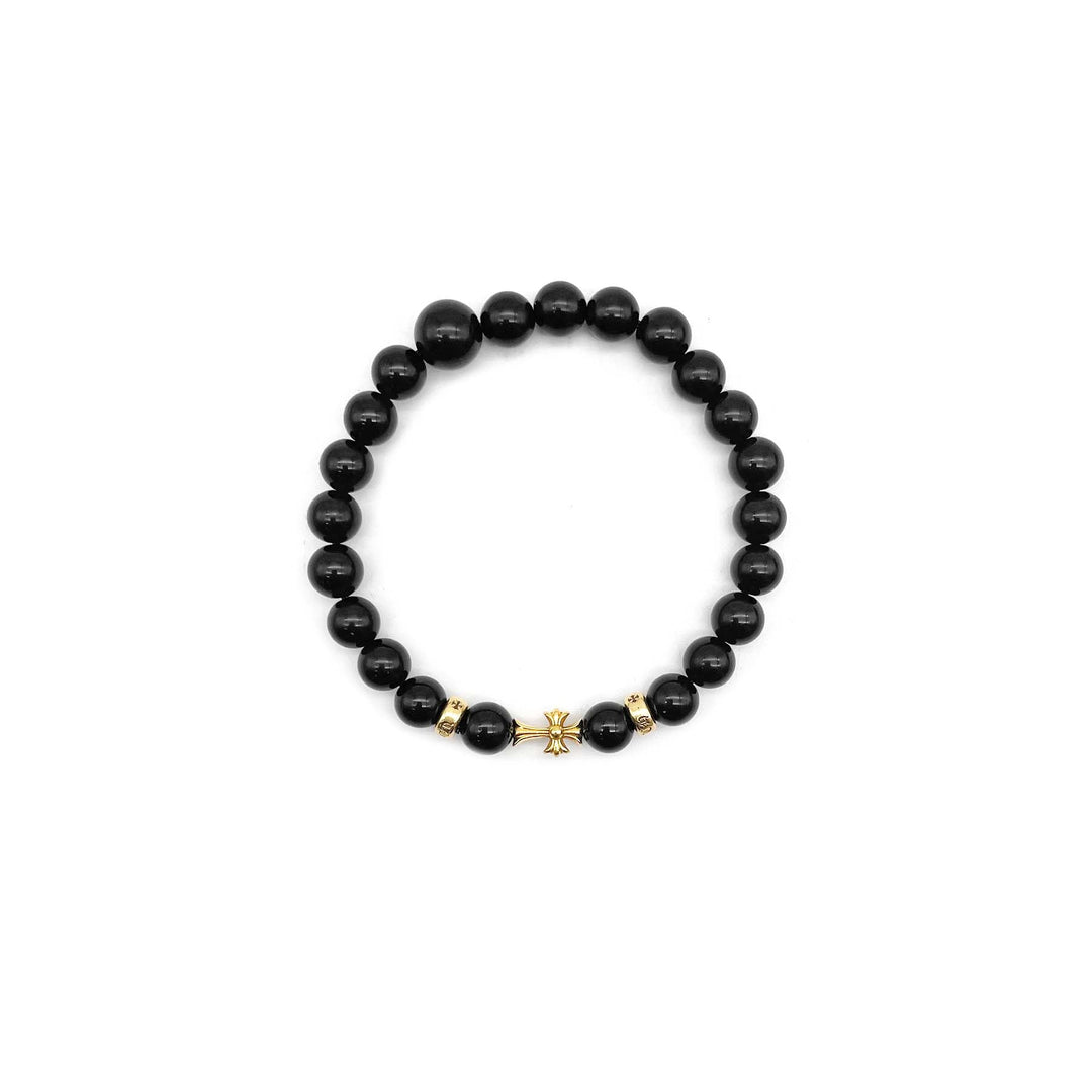 Chrome Hearts 22K Gold Cross Obsidian Beaded Bracelet - SHENGLI ROAD MARKET