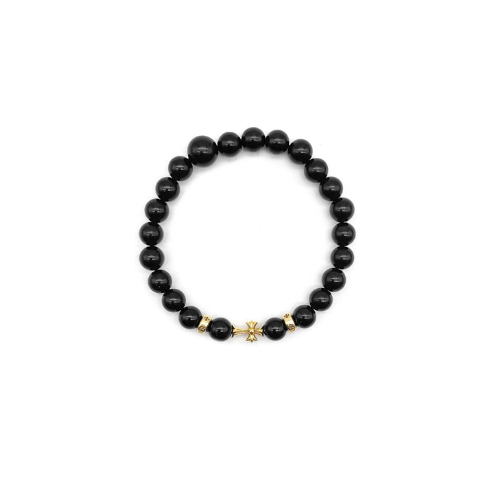 Chrome Hearts 22K Gold Cross Obsidian Beaded Bracelet - SHENGLI ROAD MARKET