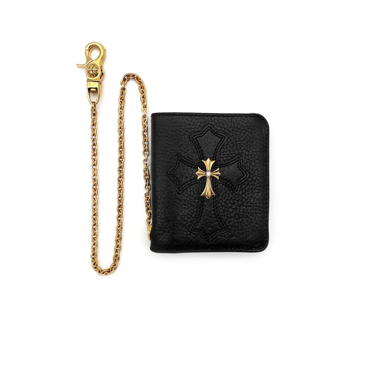 Chrome Hearts 22K Gold Diamond Cross Chain Black Leather Wallet - SHENGLI ROAD MARKET
