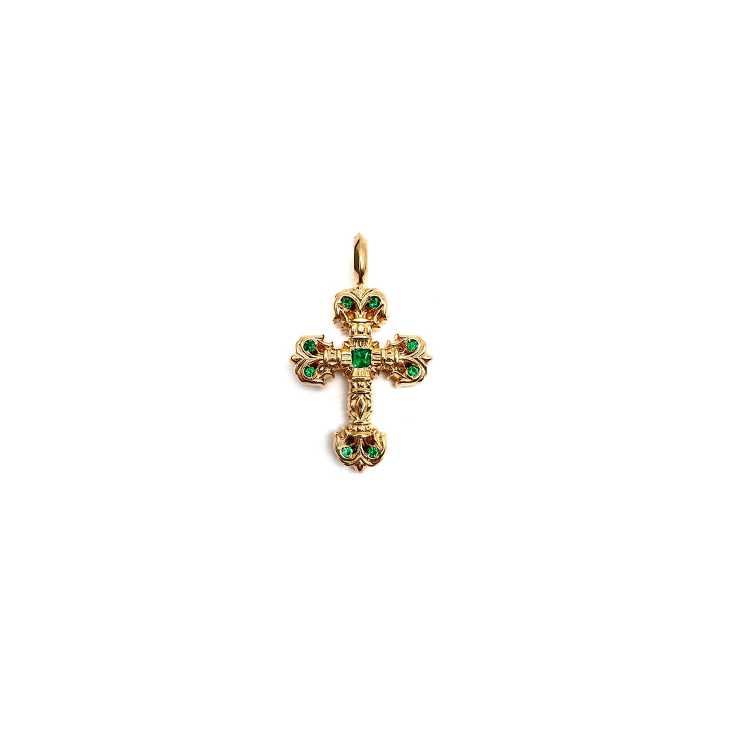 Chrome Hearts 22K Gold Emerald Diamonds Filigree Cross Charm Pendant - SHENGLI ROAD MARKET
