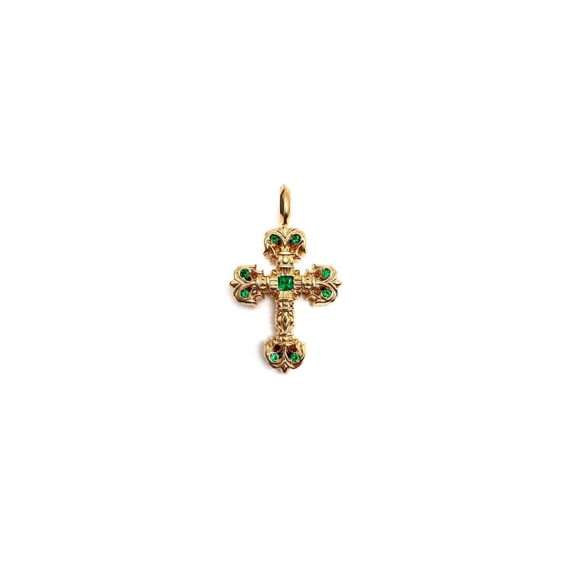 Chrome Hearts 22K Gold Emerald Nine Diamonds Filigree Cross Charm Pendant - SHENGLI ROAD MARKET