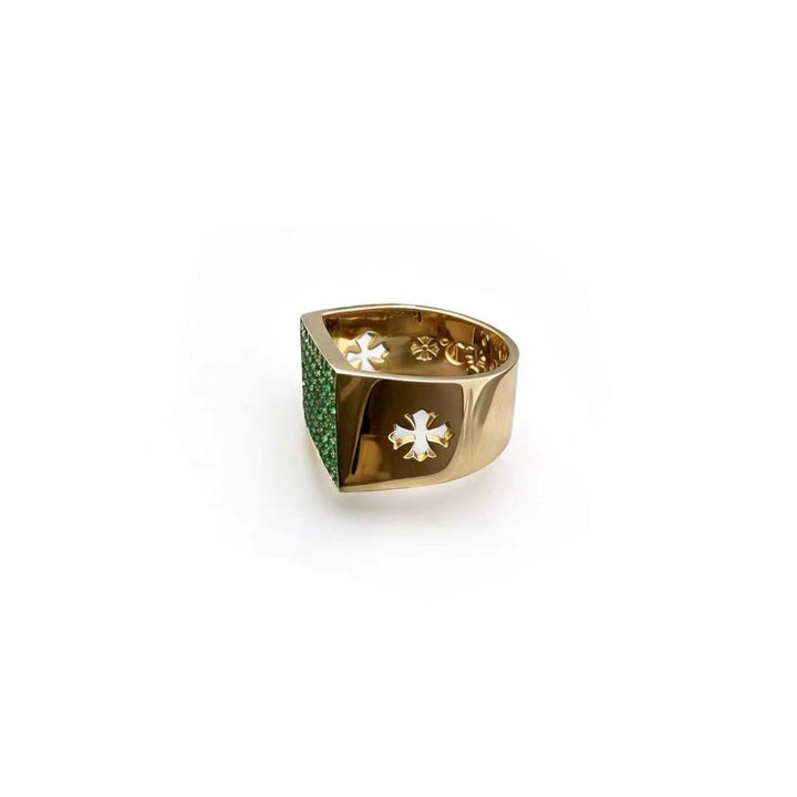Chrome Hearts 22K Gold Emerald Pave KH Cocktail Ring - SHENGLI ROAD MARKET