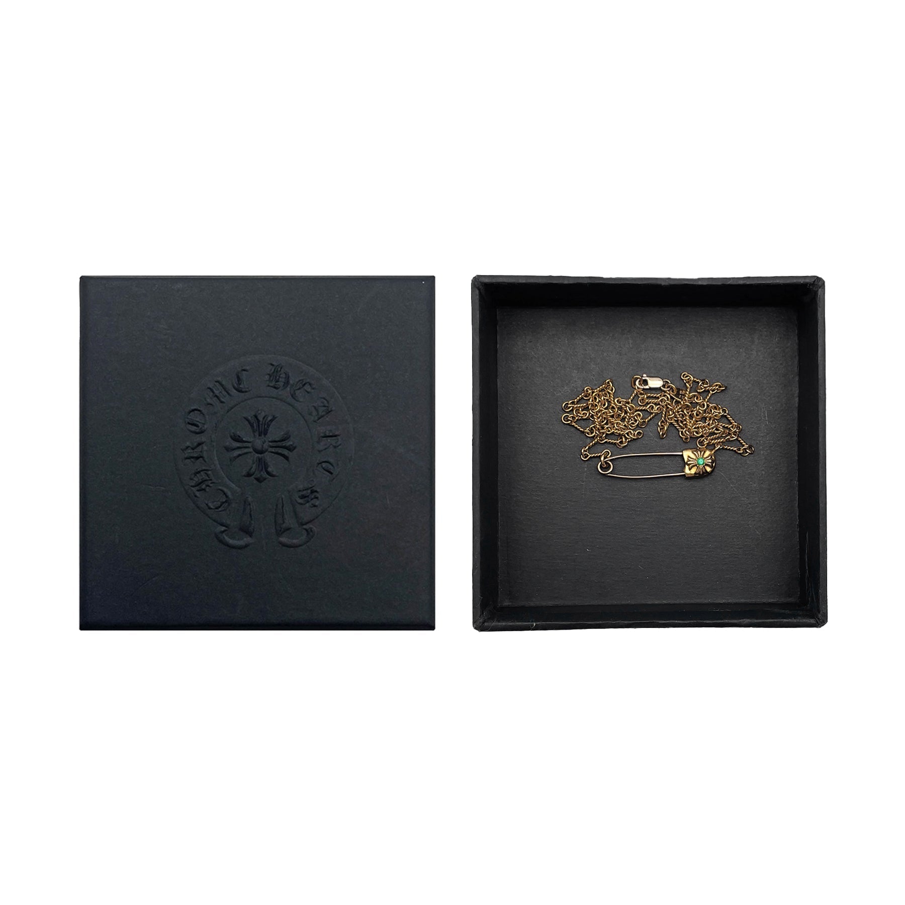 Chrome Hearts 22K Gold Emerald Safety Pin Twist Chain Necklace