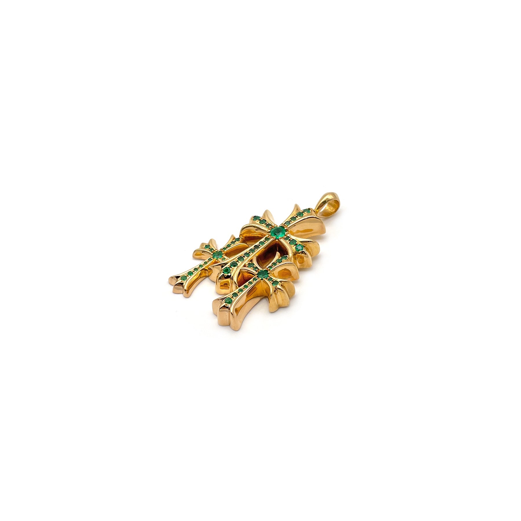 Chrome Hearts 22K Gold Emerald Triple Cross Charm Pendant - SRM