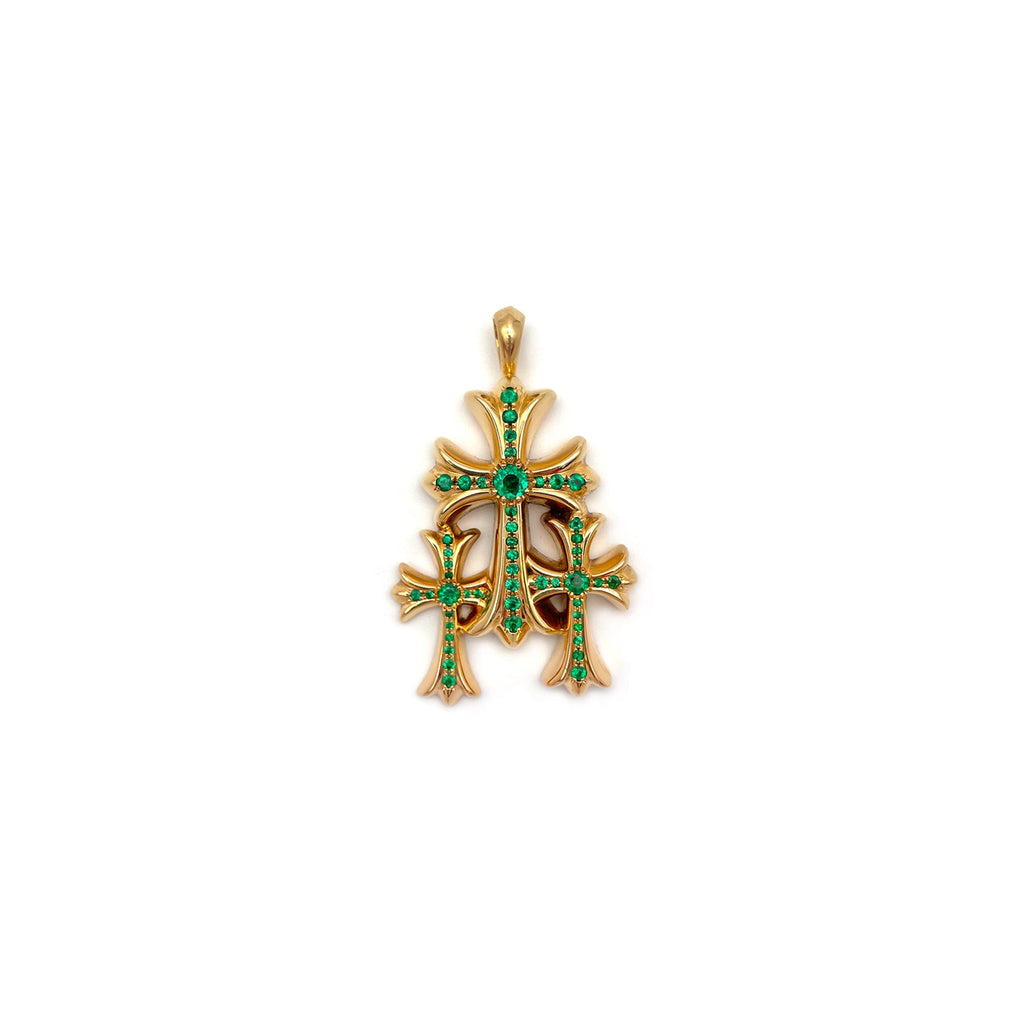 Chrome Hearts 22K Gold Emerald Triple Cross Charm Pendant - SRM