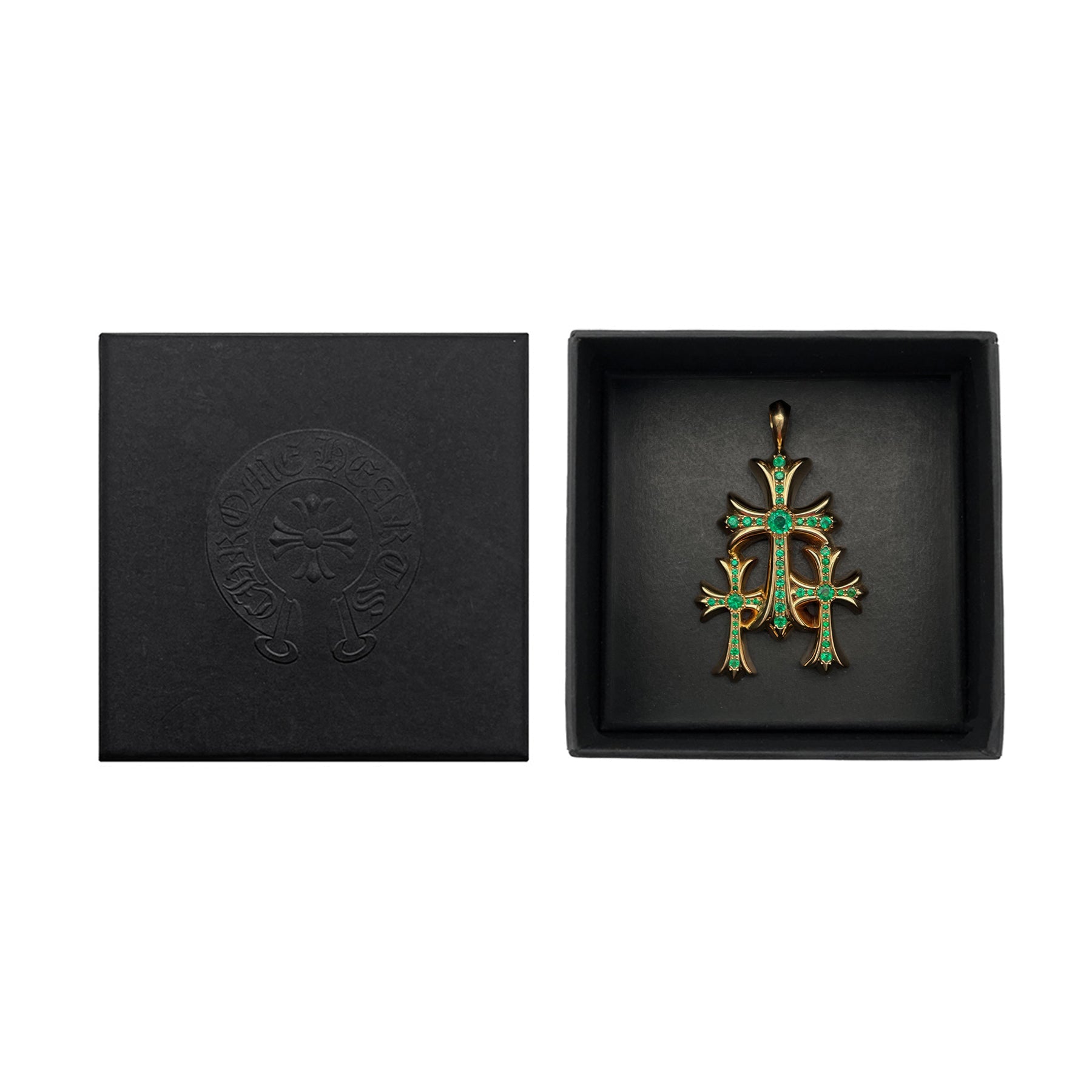 h'eres × semoh BUNDLE CHAIN CHARM Chrome Hearts 22K Gold Emerald Triple Cross Charm Pendant - SRM