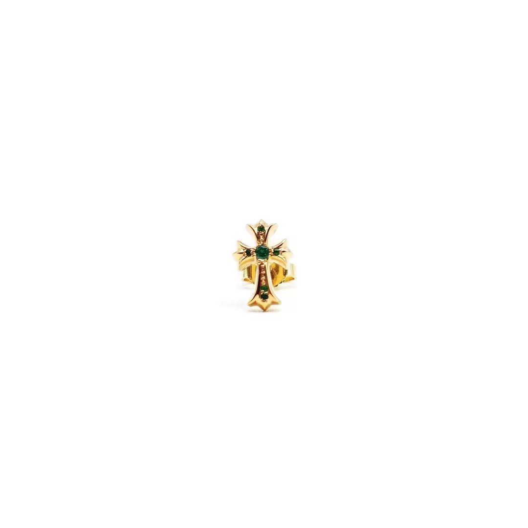 Chrome Hearts 22K Gold Green Diamond Cross Earring Ear Stud - SHENGLI ROAD MARKET