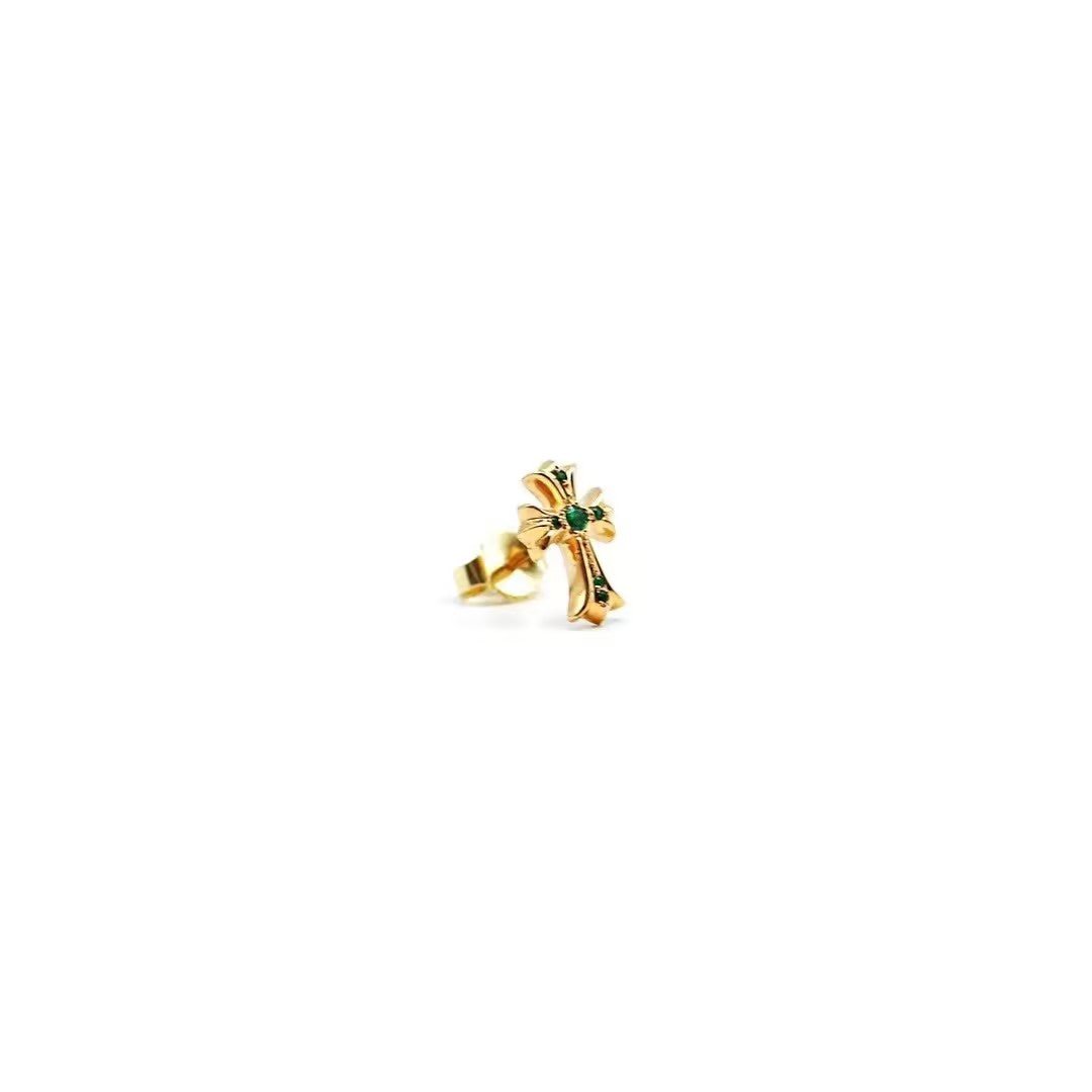 Chrome Hearts 22K Gold Green Diamond Cross Earring Ear Stud - SHENGLI ROAD MARKET