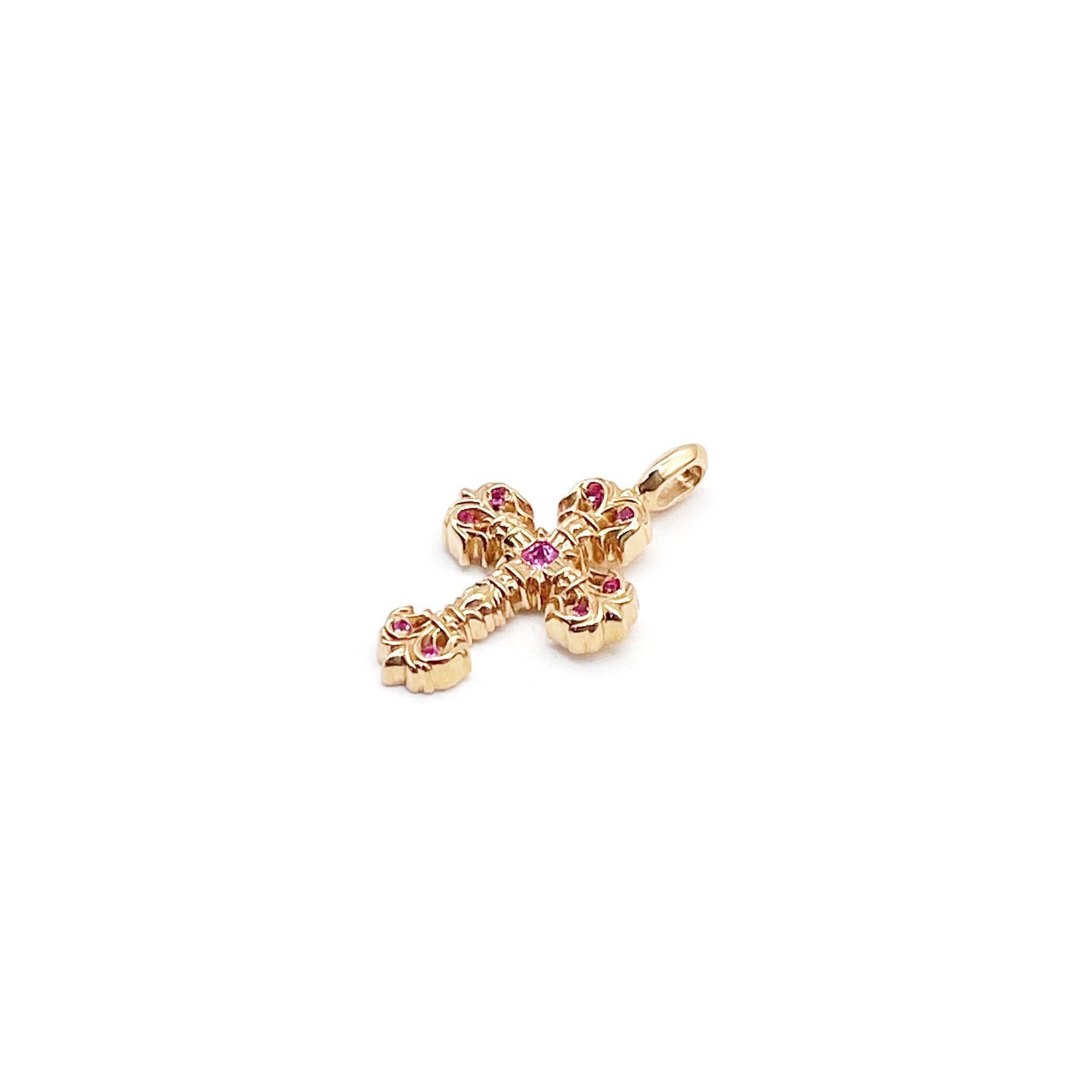 Chrome Hearts 22K Gold Pink Nine-Saph Filigree Cross Charm Pendant