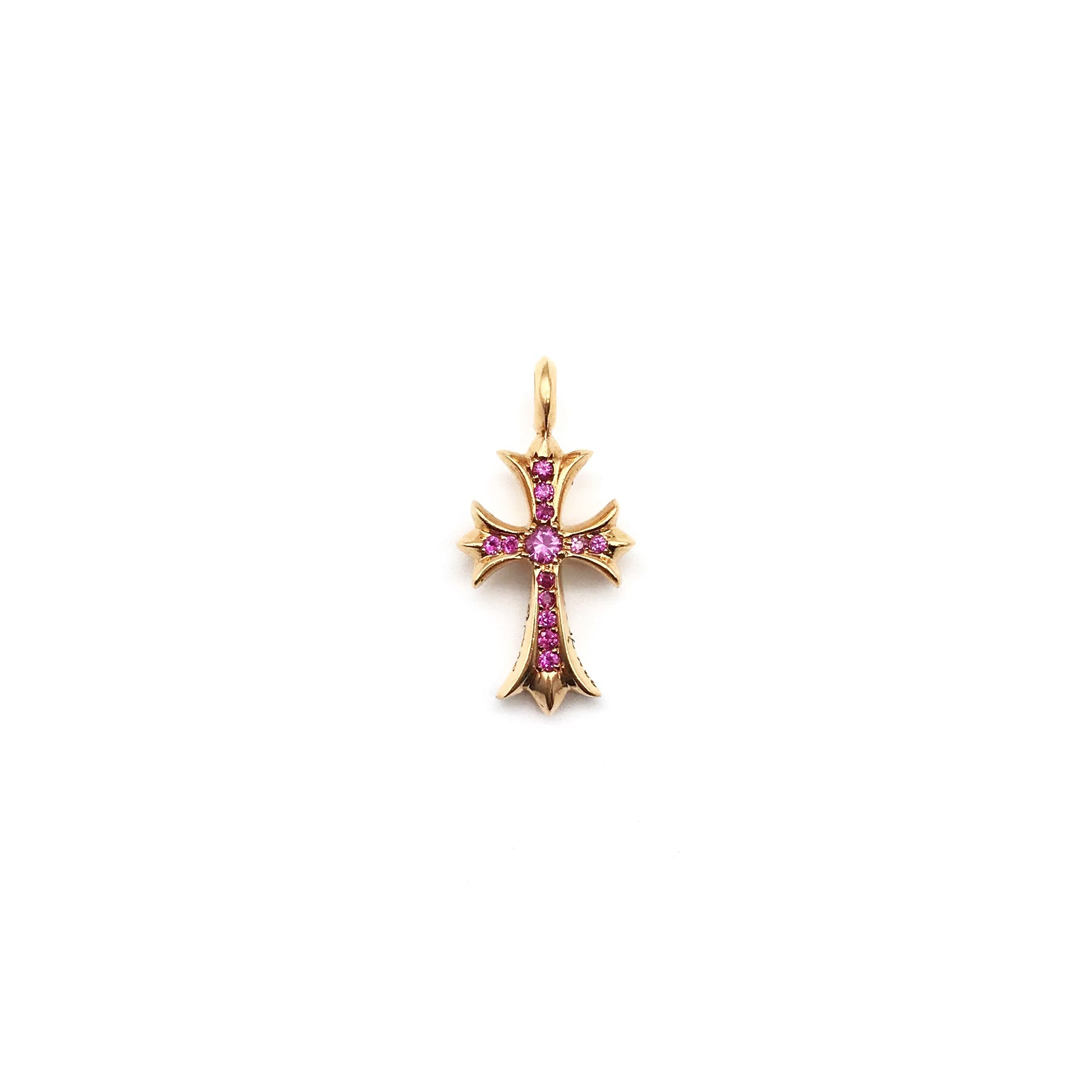 Chrome Hearts 22K Gold Pink Saph Tiny Cross Charm Pendant - SRM