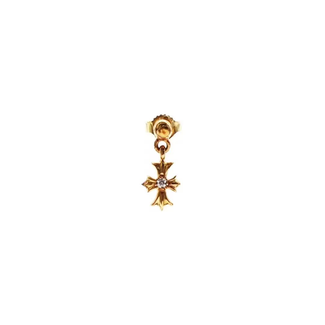 Chrome Hearts 22K Gold Tiny E Diamonds Cross Earring - SHENGLI ROAD MARKET