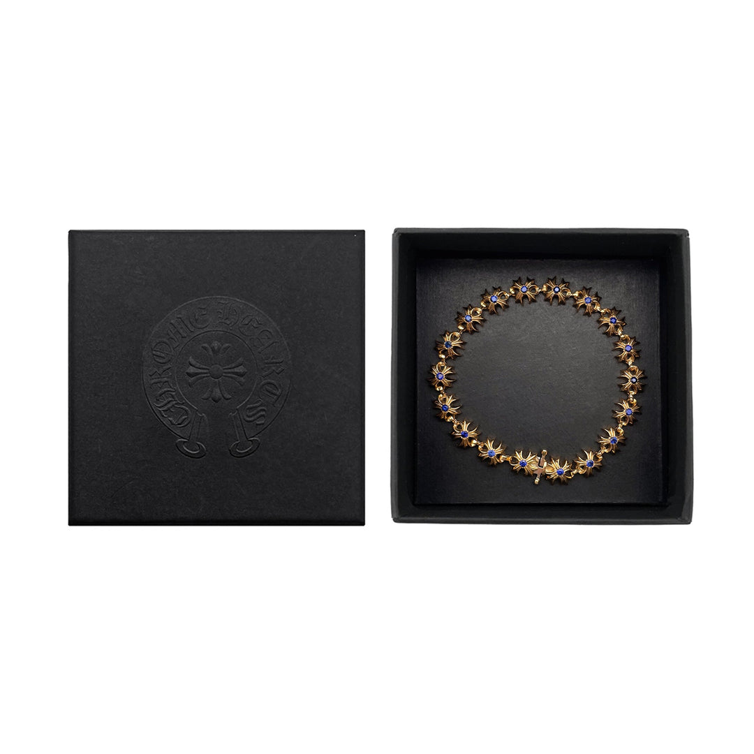 Chrome Hearts 22K Gold Tiny Plus Cross Blue Saph ID Bracelet - SHENGLI ROAD MARKET