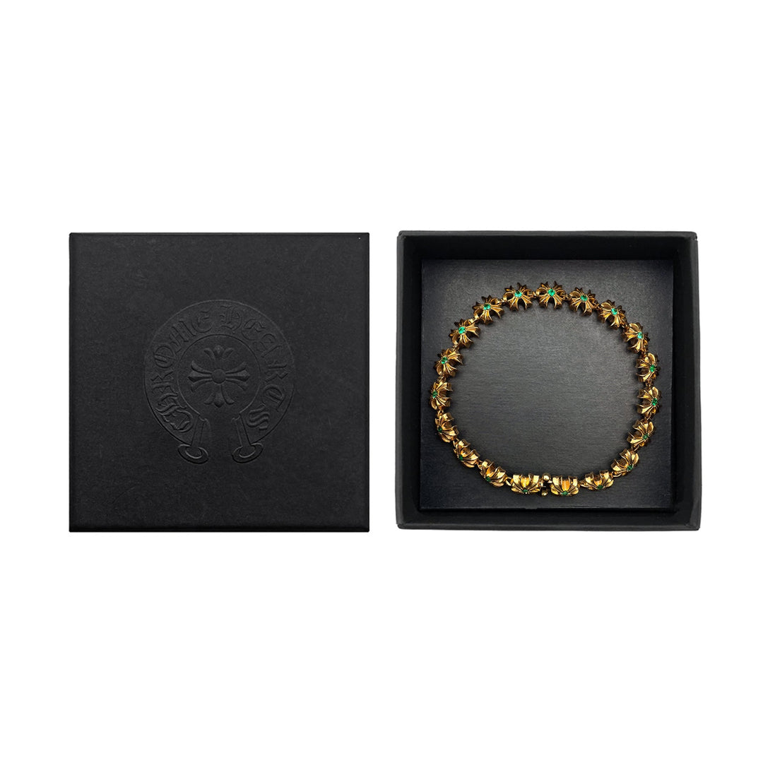 Chrome Hearts 22K Gold Tiny Plus Cross Emerald ID Bracelet - SHENGLI ROAD MARKET