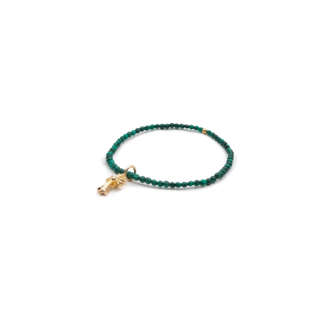 Chrome Hearts 4mm Malachite 22K Gold Cross Charm Pendant Beaded Bracelet - SHENGLI ROAD MARKET