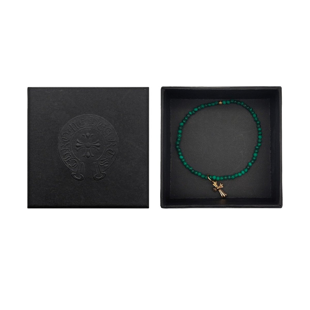 Chrome Hearts 4mm Malachite 22K Gold Cross Charm Pendant Beaded Bracelet - SHENGLI ROAD MARKET