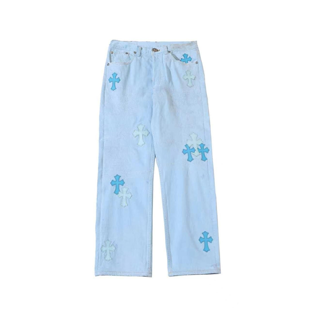 Chrome Hearts 501 Blue Cross Patch Light Wash Denim Jeans - SHENGLI ROAD MARKET