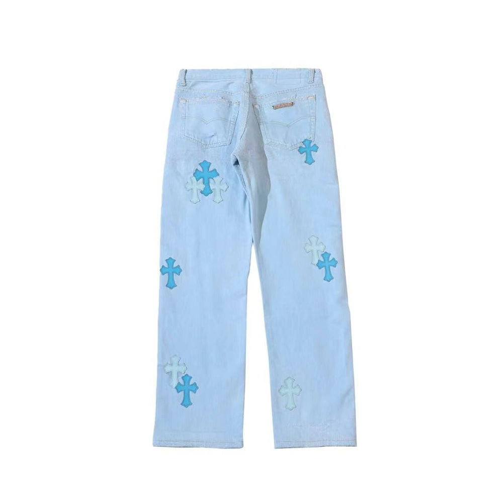 Chrome Hearts 501 Blue Cross Patch Light Wash Denim Jeans - SHENGLI ROAD MARKET