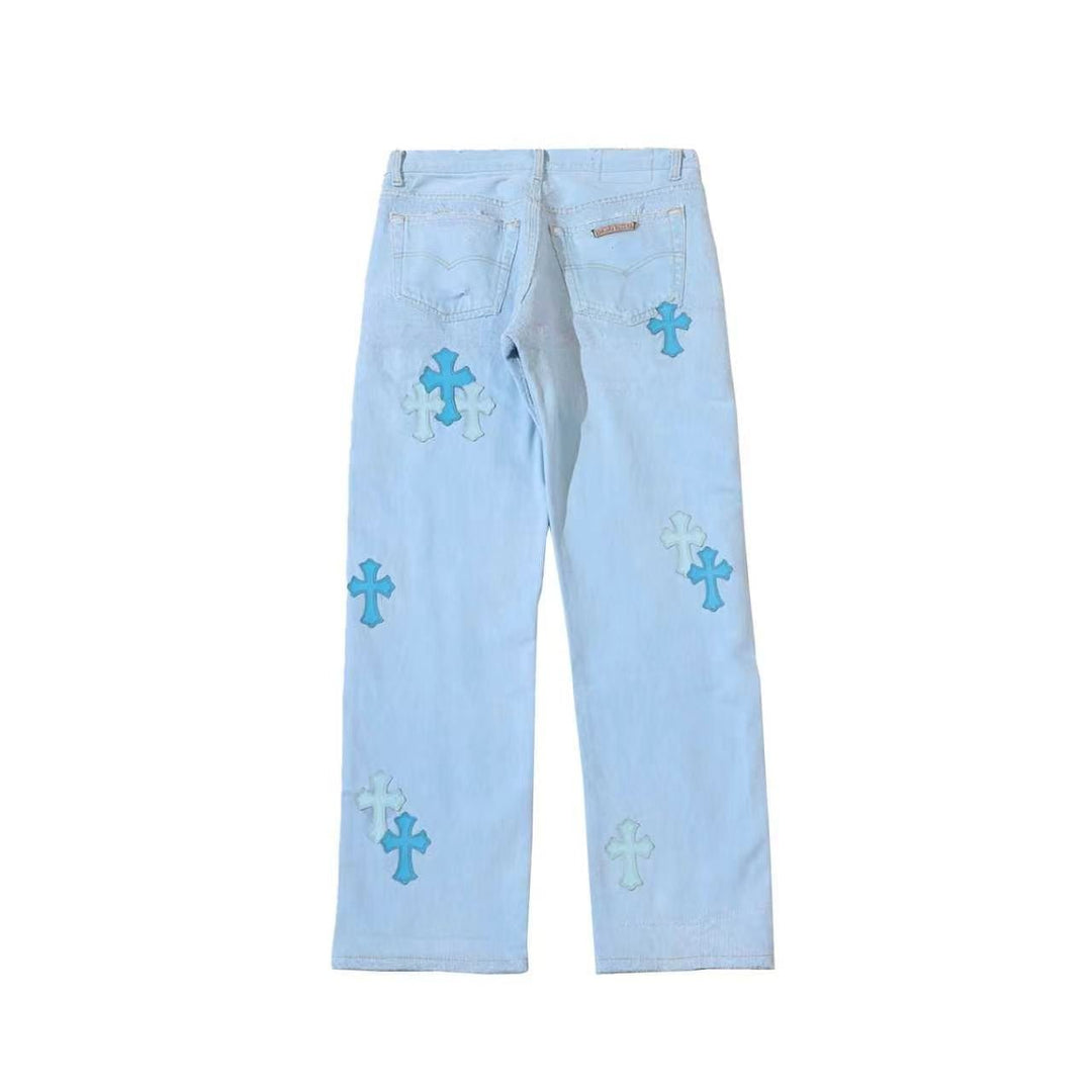 Chrome Hearts 501 Blue Cross Patch Light Wash Denim Jeans - SHENGLI ROAD MARKET