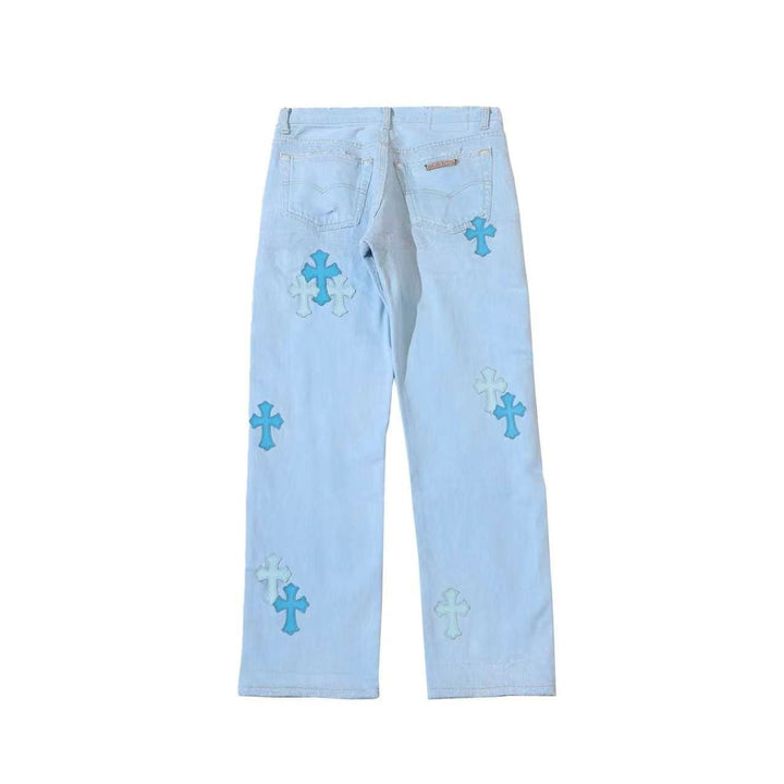 Chrome Hearts 501 Blue Cross Patch Light Wash Denim Jeans - SHENGLI ROAD MARKET