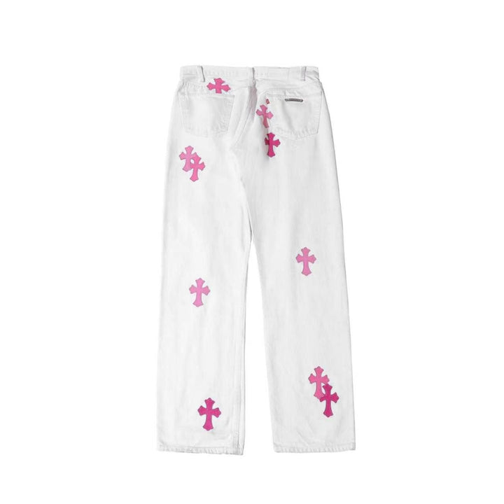 Chrome Hearts 501 Pink Cross Patch White Denim Jeans - SHENGLI ROAD MARKET