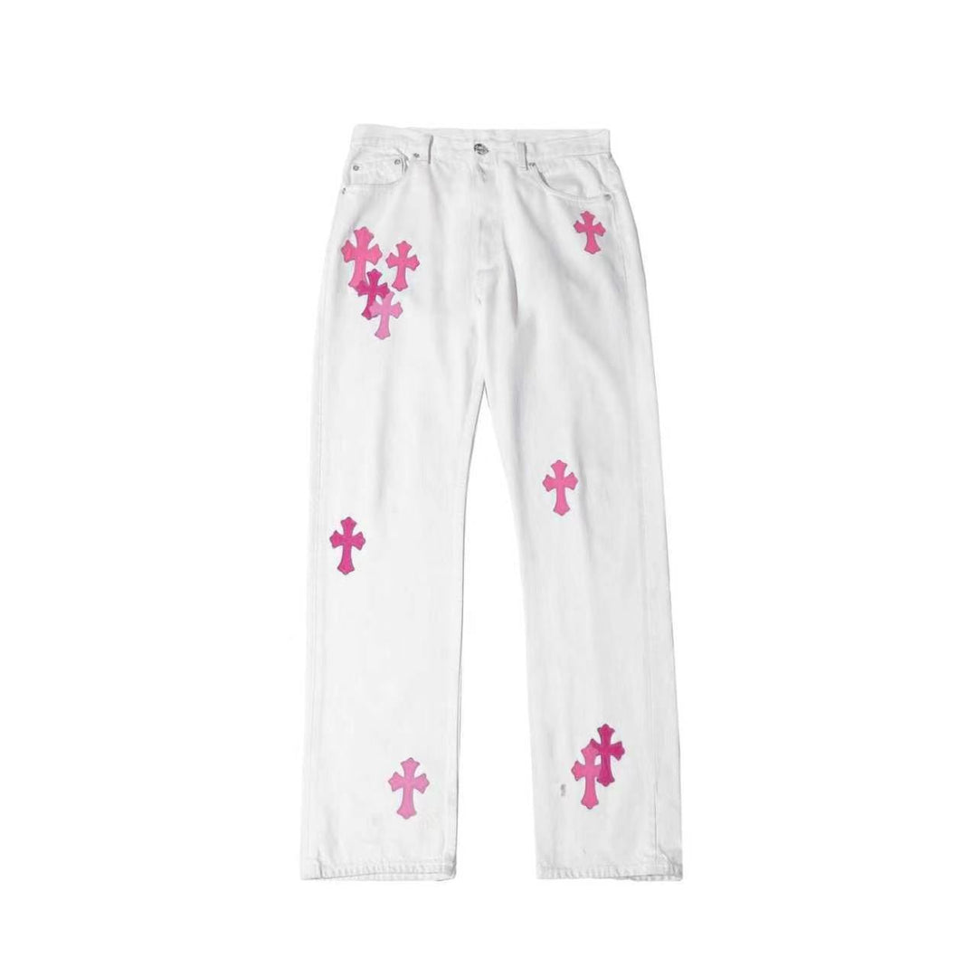 Chrome Hearts 501 Pink Cross Patch White Denim Jeans - SHENGLI ROAD MARKET