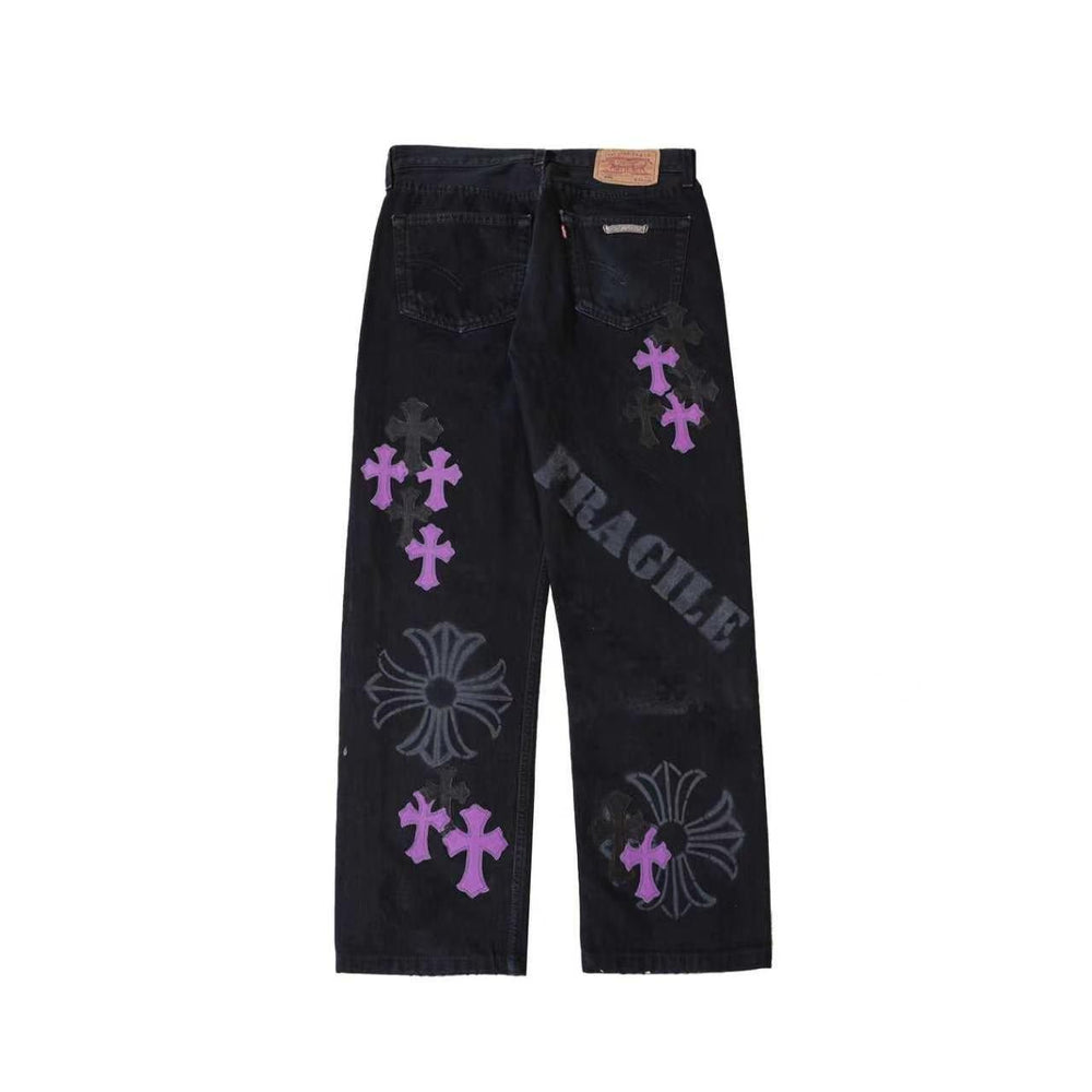 Chrome Hearts 501 Purple Cross Patch Spray Print Black Denim Jeans - SHENGLI ROAD MARKET