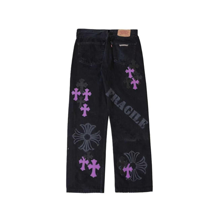 Chrome Hearts 501 Purple Cross Patch Spray Print Black Denim Jeans - SHENGLI ROAD MARKET