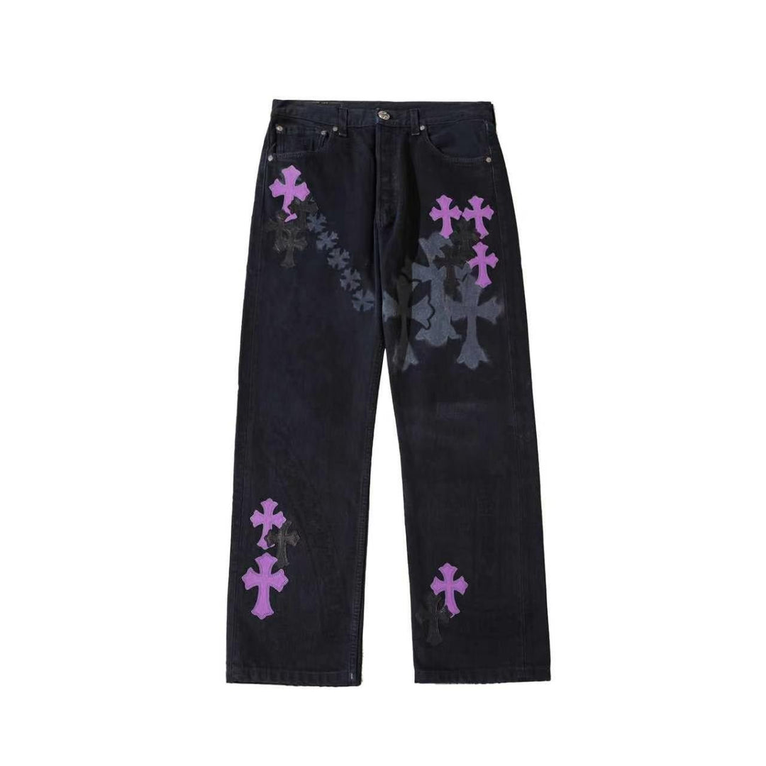 Chrome Hearts 501 Purple Cross Patch Spray Print Black Denim Jeans - SHENGLI ROAD MARKET