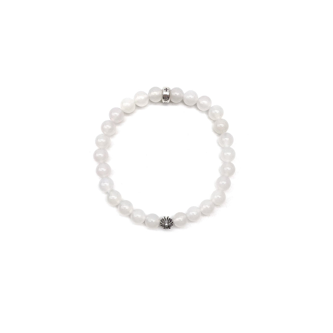 Chrome Hearts 6mm Beaded White Agate 2 Silver Cross Bracelet - SHENGLI ROAD MARKET