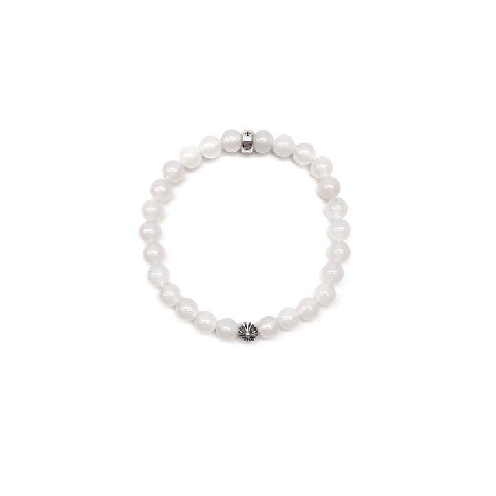 Chrome Hearts 6mm Beaded White Agate 2 Silver Cross Bracelet - SHENGLI ROAD MARKET