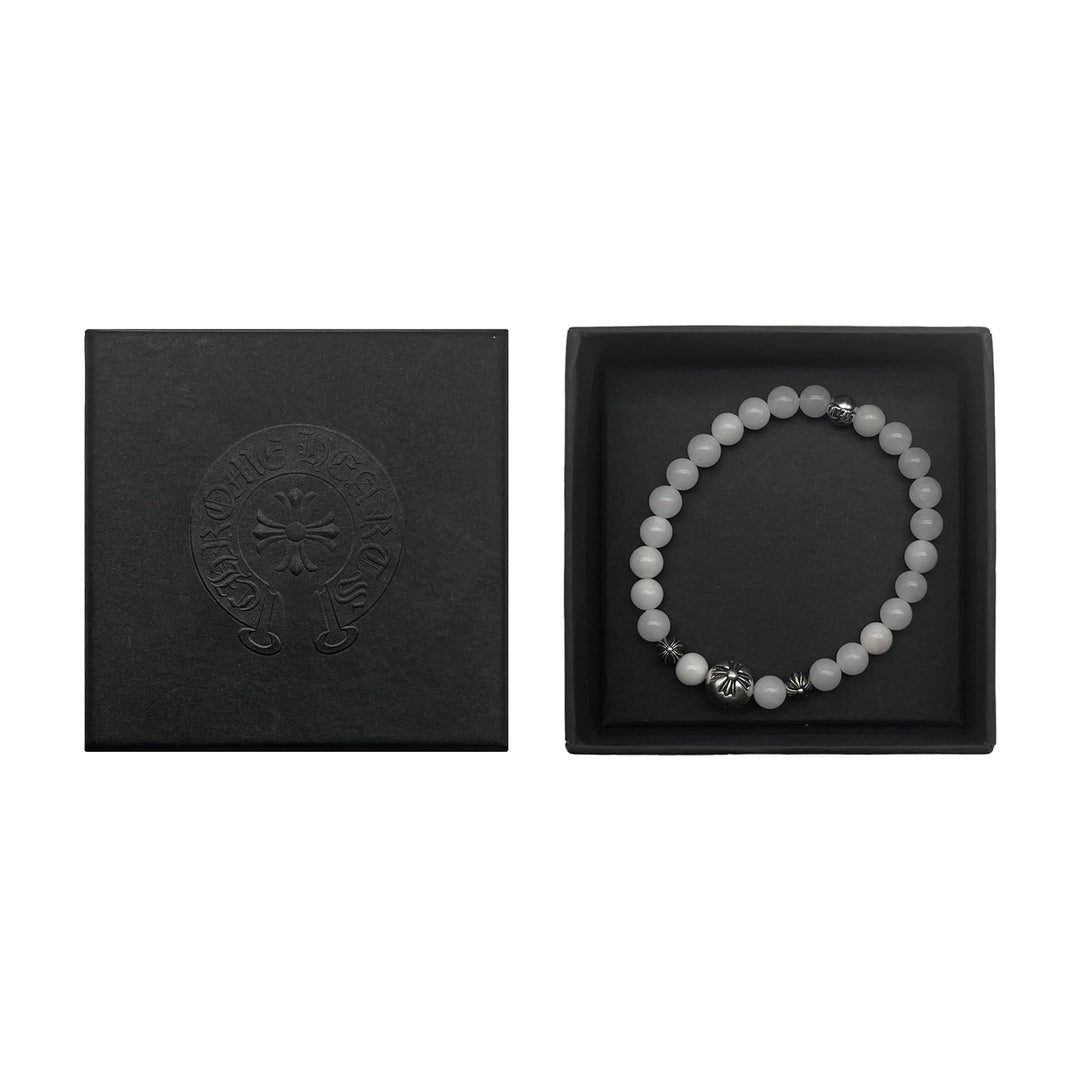 Chrome Hearts 6mm Beaded White Agate 4 Silver Cross Bracelet - SHENGLI ROAD MARKET