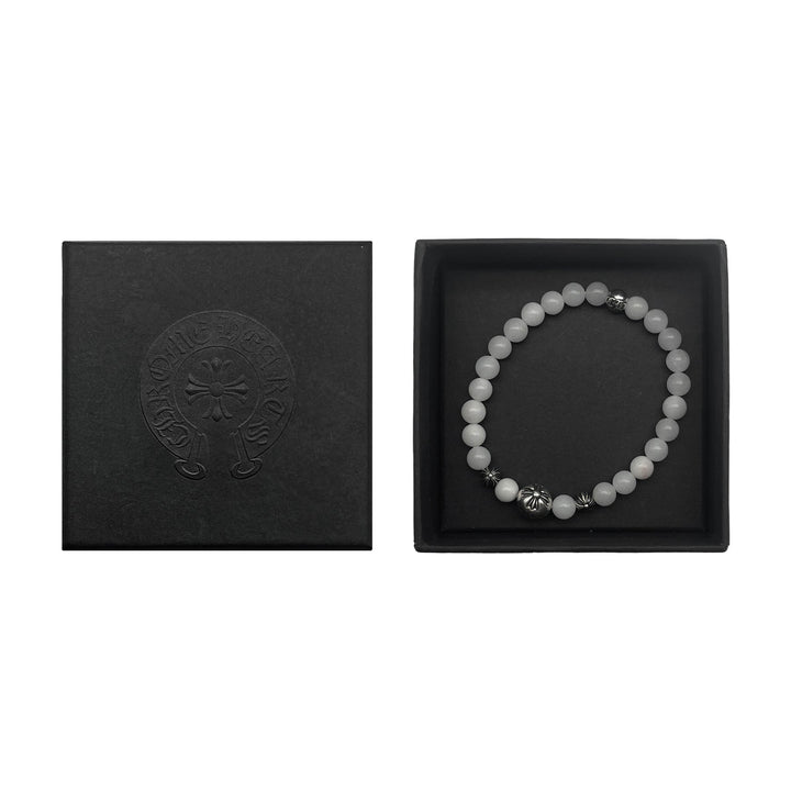 Chrome Hearts 6mm Beaded White Agate 4 Silver Cross Bracelet - SHENGLI ROAD MARKET