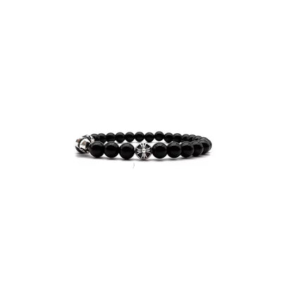 Chrome Hearts 6mm Black 3 Silver Fleur Beaded Cross Bracelet - SHENGLI ROAD MARKET