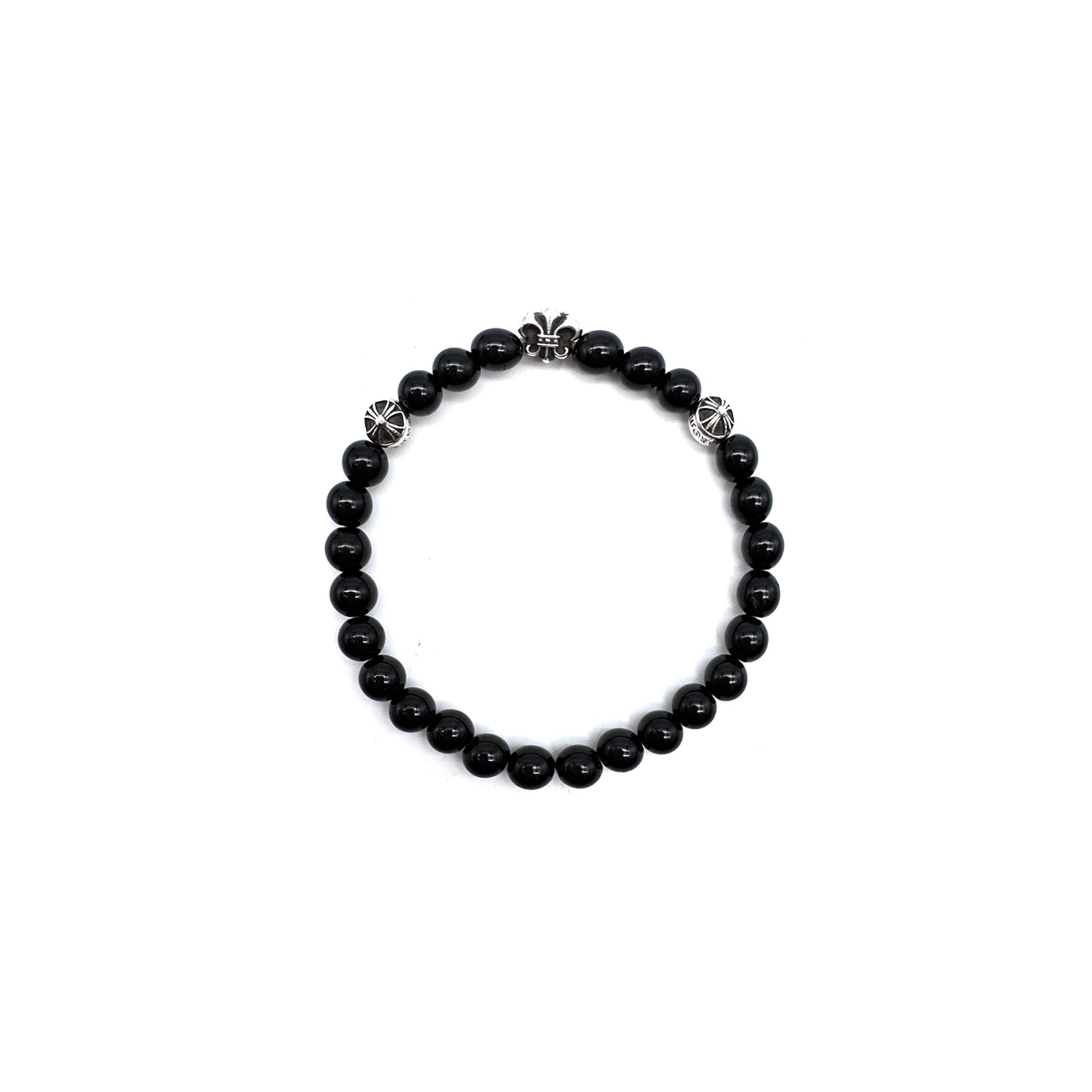 Chrome Hearts 6mm Black 3 Silver Fleur Beaded Cross Bracelet - SRM