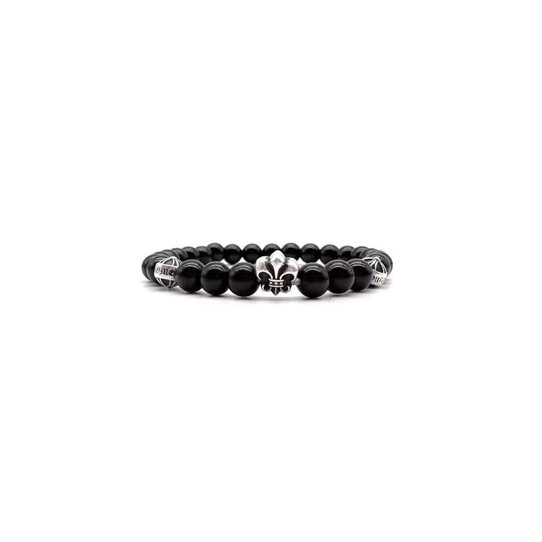 Chrome Hearts 6mm Black 3 Silver Fleur Beaded Cross Bracelet - SHENGLI ROAD MARKET