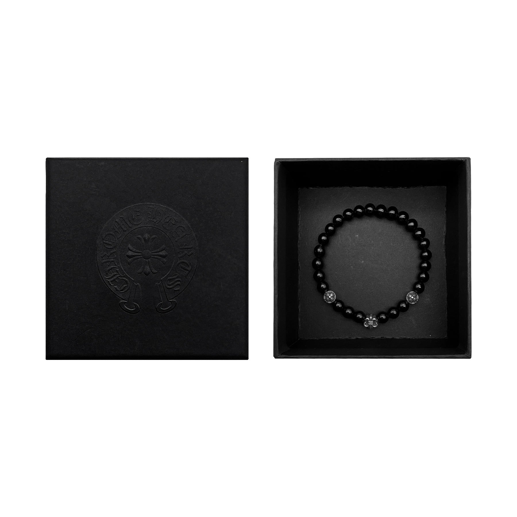 Chrome Hearts 6mm Black 3 Silver Fleur Beaded Cross Bracelet - SRM