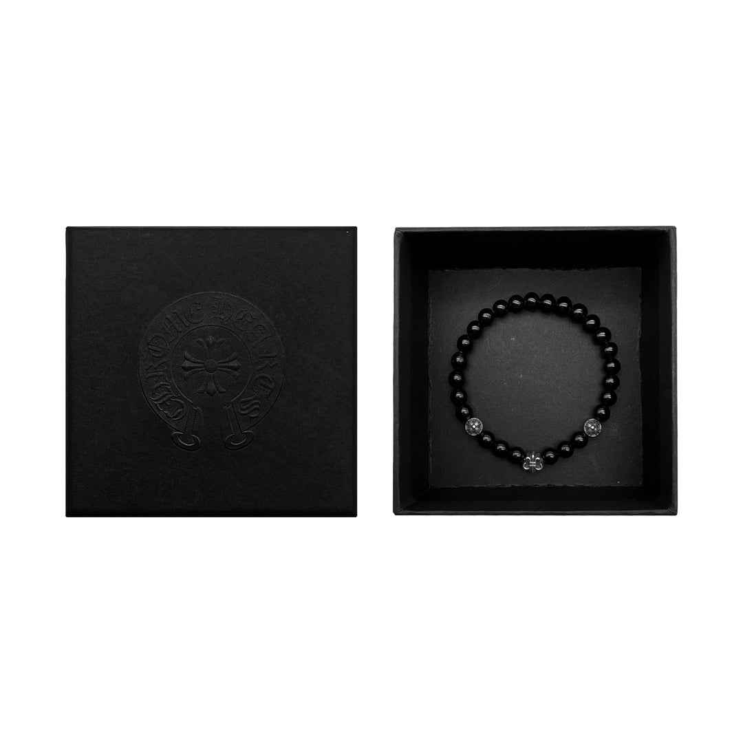 Chrome Hearts 6mm Black 3 Silver Fleur Beaded Cross Bracelet - SHENGLI ROAD MARKET