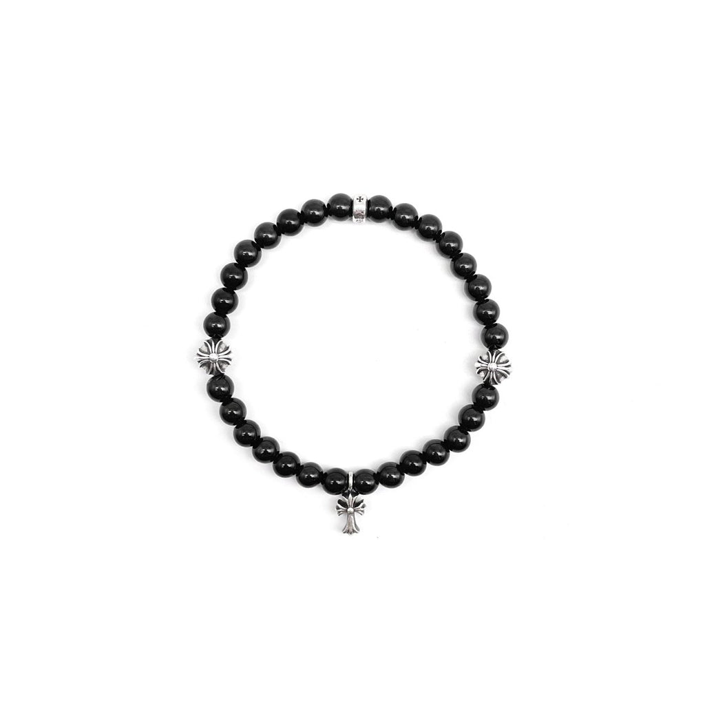 Chrome Hearts 6mm Black 4 Silver Beaded Cross Bracelet - SRM