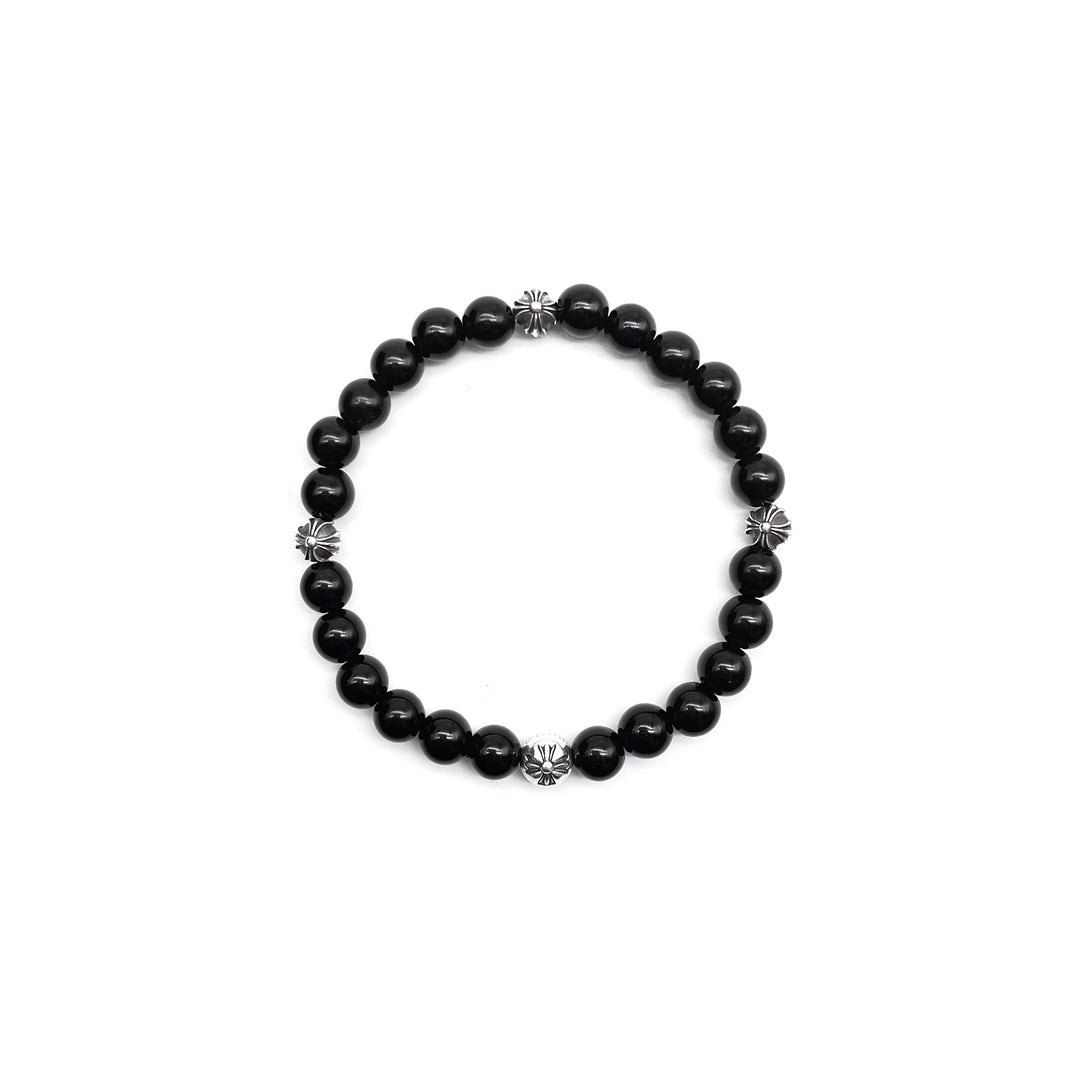 Chrome Hearts 6mm Black Beaded Obsidian 4 Silver Cross Ball Bracelet - SHENGLI ROAD MARKET