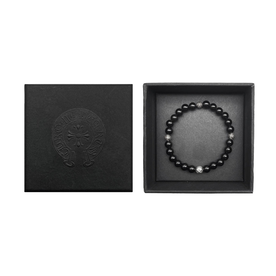Chrome Hearts 6mm Black Beaded Obsidian 4 Silver Cross Ball Bracelet - SHENGLI ROAD MARKET