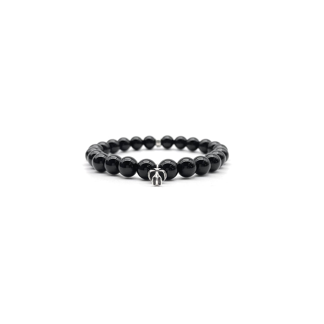 Chrome Hearts 6mm Black Beaded Obsidian Silver Cross Bracelet - SHENGLI ROAD MARKET