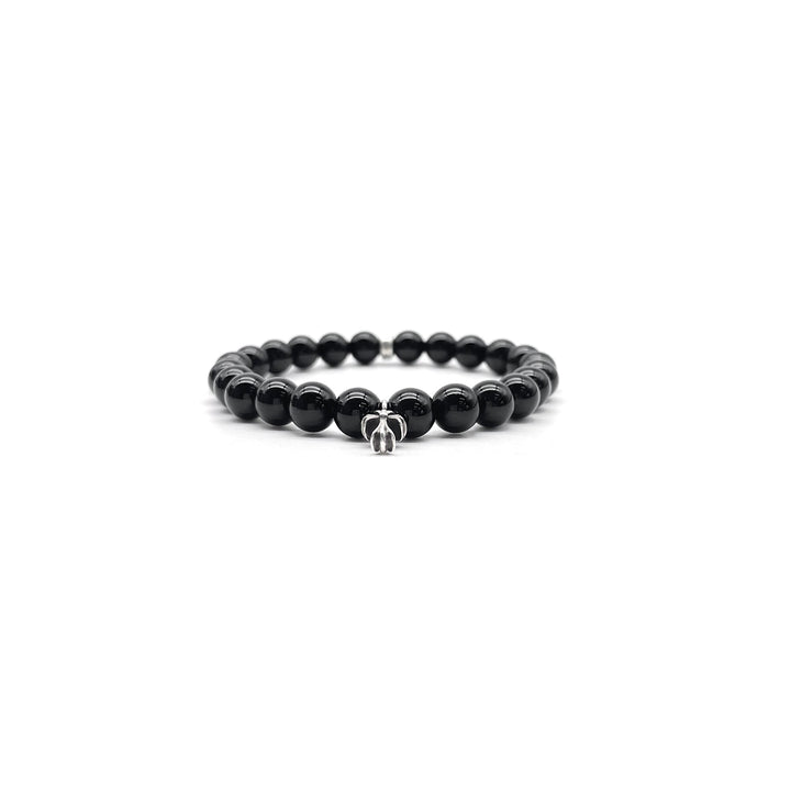 Chrome Hearts 6mm Black Beaded Obsidian Silver Cross Bracelet - SHENGLI ROAD MARKET