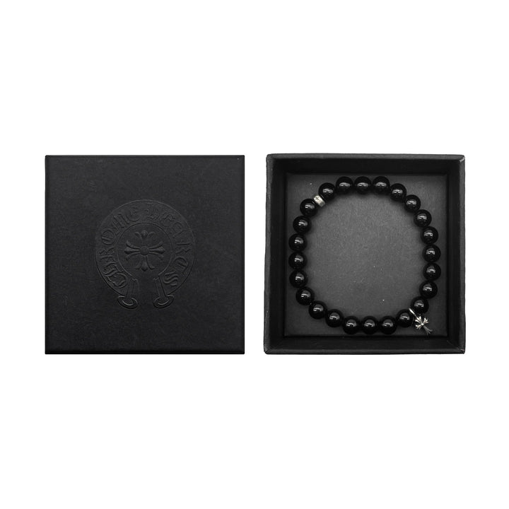 Chrome Hearts 6mm Black Beaded Obsidian Silver Cross Bracelet - SHENGLI ROAD MARKET