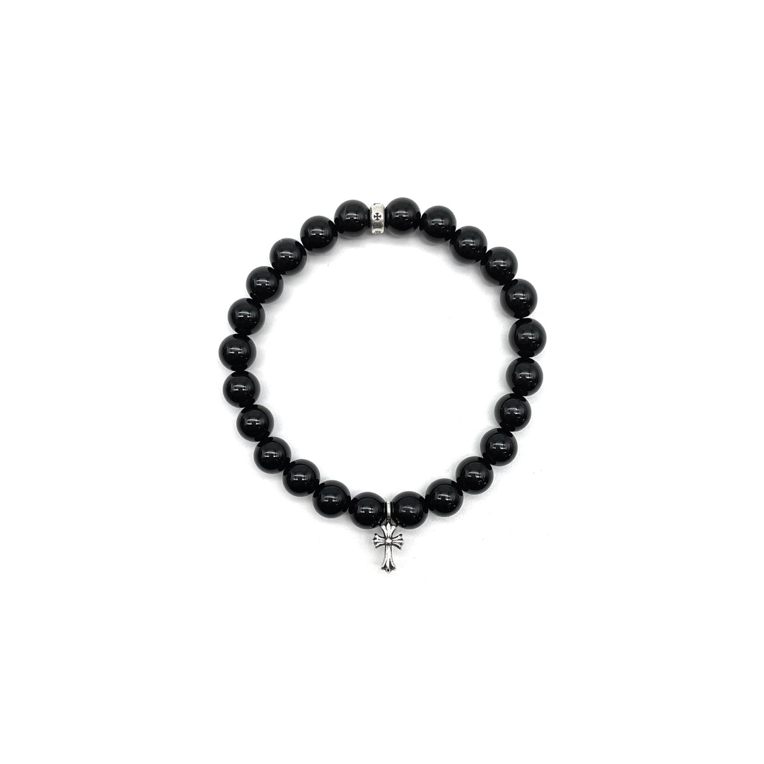 Chrome Hearts 6mm Black Beaded Obsidian Silver Cross Bracelet - SHENGLI ROAD MARKET